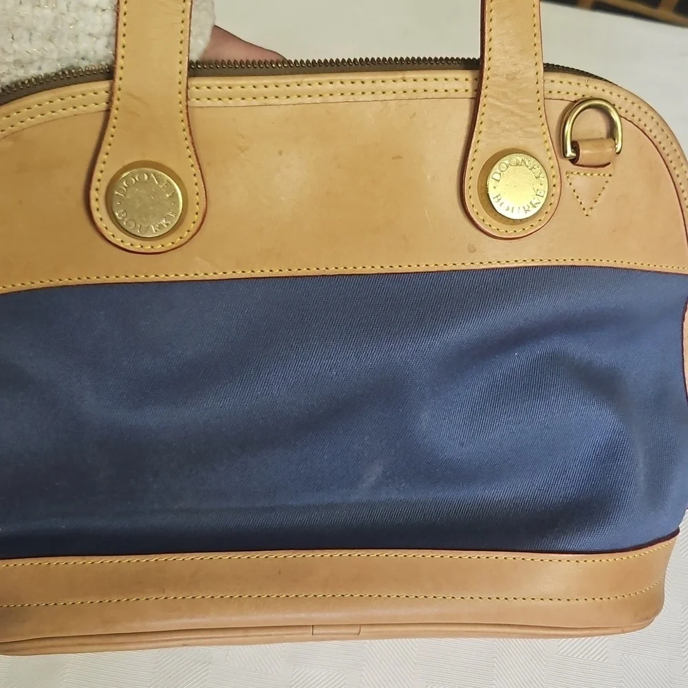 Dooney & Burke Vintage 80s Satchel Blue Canvas and Tan Leather Loved but GUC